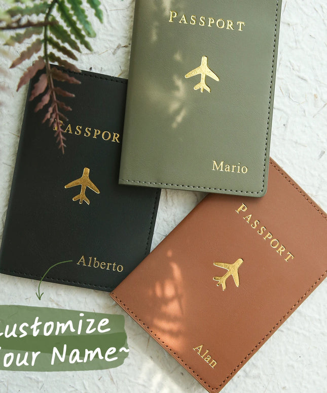 Customized Gold Monogram Name Leather Passport Cover