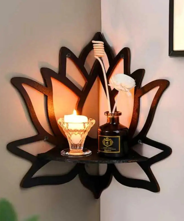 Wooden Lotus Hollow Decorative Corner Shelf