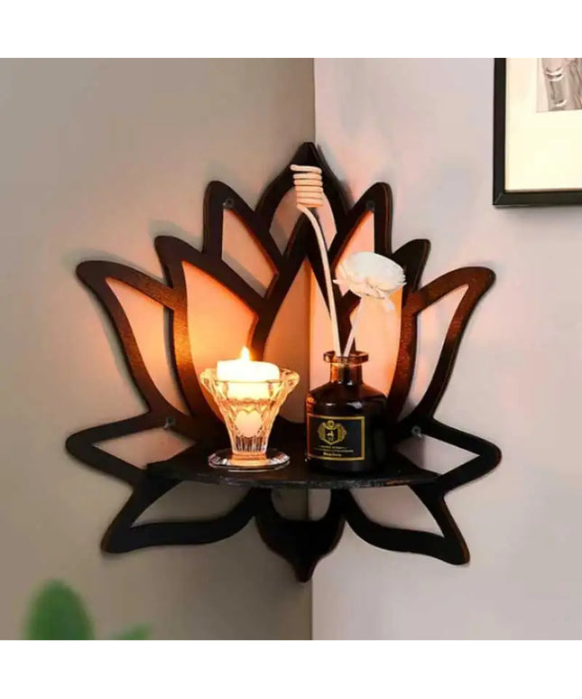 Wooden Lotus Hollow Decorative Corner Shelf