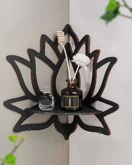 Wooden Lotus Hollow Decorative Corner Shelf