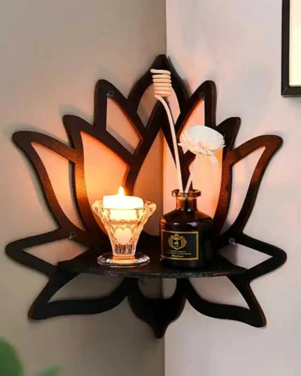 Wooden Lotus Hollow Decorative Corner Shelf