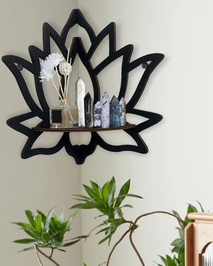Wooden Lotus Hollow Decorative Corner Shelf