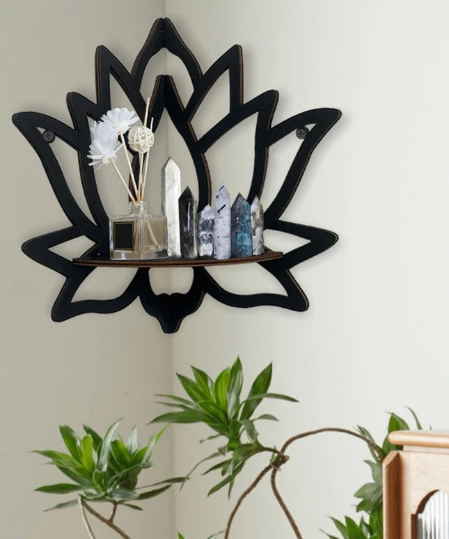 Wooden Lotus Hollow Decorative Corner Shelf