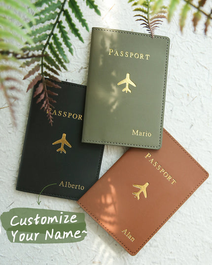 Customized Gold Monogram Name Leather Passport Cover