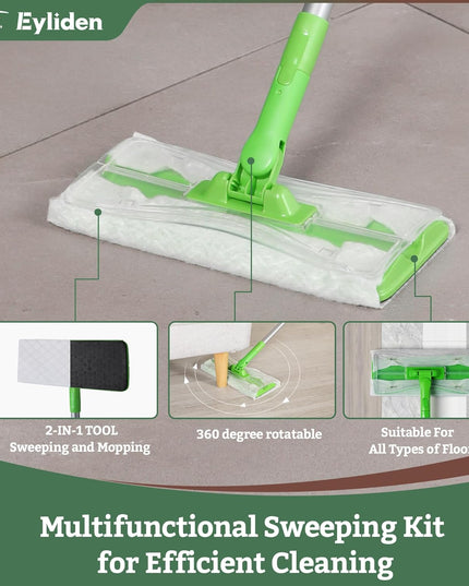 Eyliden Sweeper Mop - Lock Tight Design No Lost Pads - 36 Disposable Dry & Wet Cloths, Dust Mop Starter Kit for Pet Hair, Hardwood Floors, 360 Swivel, Universal Refills, Efficient Floor Cleaning - Back of the warehouse