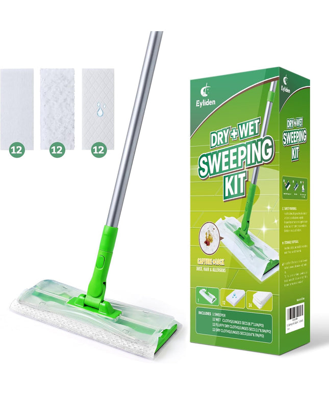 Eyliden Sweeper Mop - Lock Tight Design No Lost Pads - 36 Disposable Dry & Wet Cloths, Dust Mop Starter Kit for Pet Hair, Hardwood Floors, 360 Swivel, Universal Refills, Efficient Floor Cleaning - Back of the warehouse