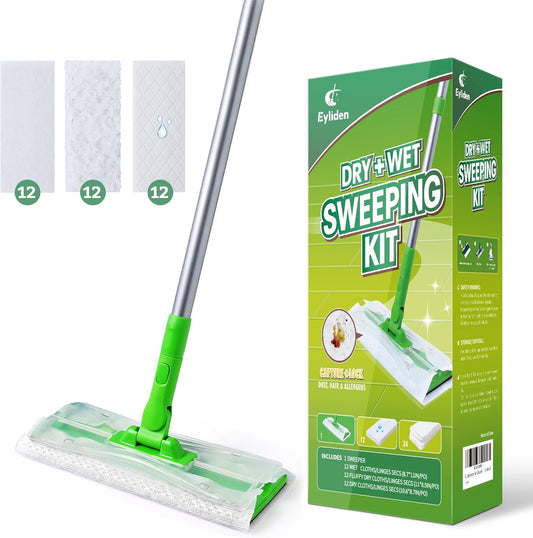 Eyliden Sweeper Mop - Lock Tight Design No Lost Pads - 36 Disposable Dry & Wet Cloths, Dust Mop Starter Kit for Pet Hair, Hardwood Floors, 360 Swivel, Universal Refills, Efficient Floor Cleaning - Back of the warehouse