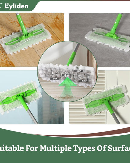 Eyliden Sweeper Mop - Lock Tight Design No Lost Pads - 36 Disposable Dry & Wet Cloths, Dust Mop Starter Kit for Pet Hair, Hardwood Floors, 360 Swivel, Universal Refills, Efficient Floor Cleaning - Back of the warehouse