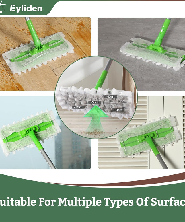 Eyliden Sweeper Mop - Lock Tight Design No Lost Pads - 36 Disposable Dry & Wet Cloths, Dust Mop Starter Kit for Pet Hair, Hardwood Floors, 360 Swivel, Universal Refills, Efficient Floor Cleaning - Back of the warehouse