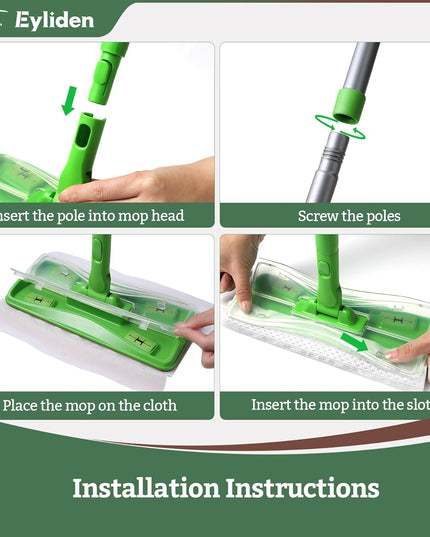 Eyliden Sweeper Mop - Lock Tight Design No Lost Pads - 36 Disposable Dry & Wet Cloths, Dust Mop Starter Kit for Pet Hair, Hardwood Floors, 360 Swivel, Universal Refills, Efficient Floor Cleaning - Back of the warehouse