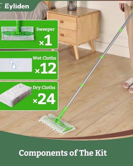 Eyliden Sweeper Mop - Lock Tight Design No Lost Pads - 36 Disposable Dry & Wet Cloths, Dust Mop Starter Kit for Pet Hair, Hardwood Floors, 360 Swivel, Universal Refills, Efficient Floor Cleaning - Back of the warehouse