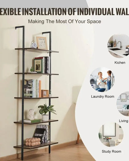 Industrial Pipe Shelf 5 Tier Wall Mount for bedroom Storage Solution - Back of house