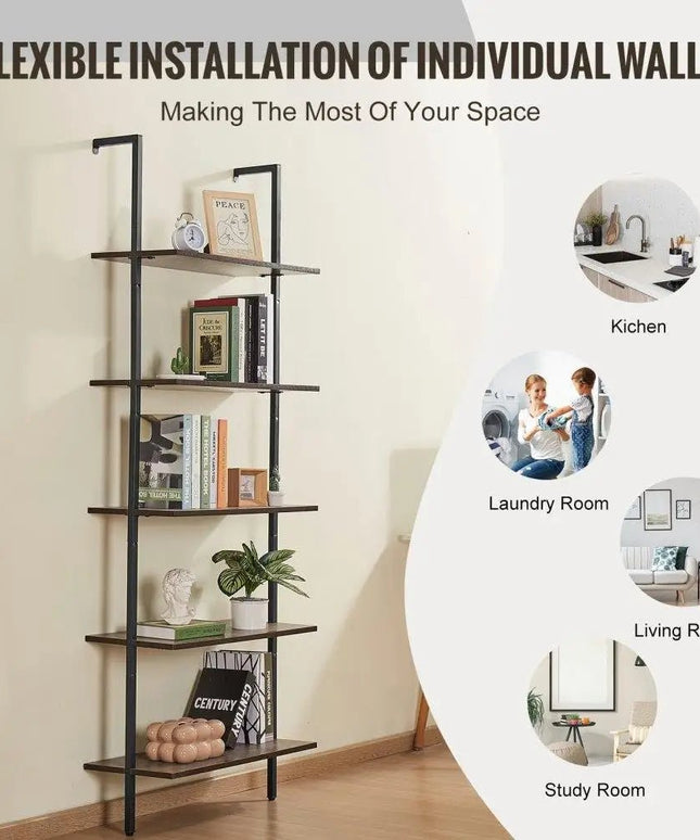 Industrial Pipe Shelf 5 Tier Wall Mount for bedroom Storage Solution - Back of house