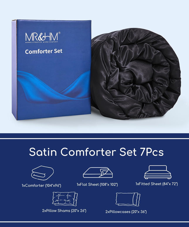 MR&HM Satin Comforter California King 7 Pieces Black - Luxurious Pinch Pleat Bedding Set with Comforter, Flat Sheet, Fitted Sheet, Pillowcases & Shams, Super Silky Soft Bed Set for All Season - Back of the warehouse