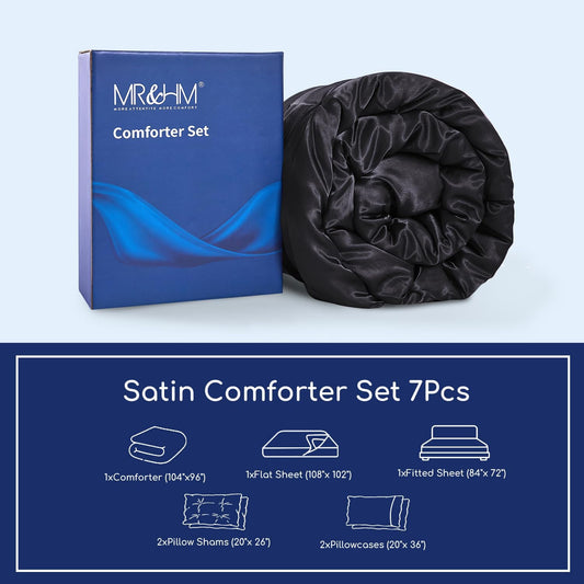MR&HM Satin Comforter California King 7 Pieces Black - Luxurious Pinch Pleat Bedding Set with Comforter, Flat Sheet, Fitted Sheet, Pillowcases & Shams, Super Silky Soft Bed Set for All Season - Back of the warehouse