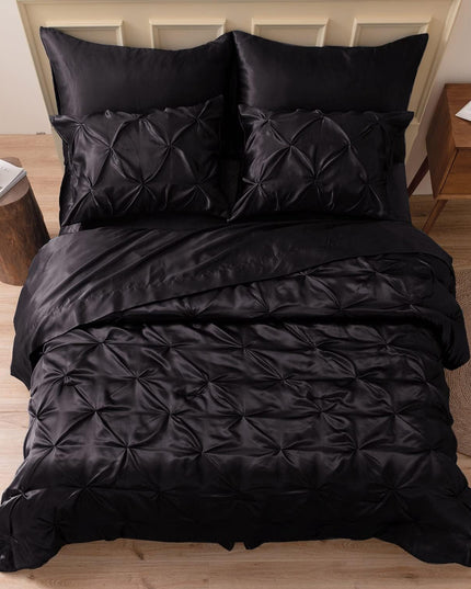 MR&HM Satin Comforter California King 7 Pieces Black - Luxurious Pinch Pleat Bedding Set with Comforter, Flat Sheet, Fitted Sheet, Pillowcases & Shams, Super Silky Soft Bed Set for All Season - Back of the warehouse
