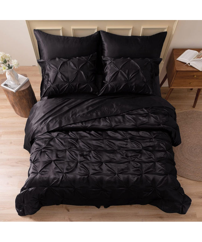 MR&HM Satin Comforter California King 7 Pieces Black - Luxurious Pinch Pleat Bedding Set with Comforter, Flat Sheet, Fitted Sheet, Pillowcases & Shams, Super Silky Soft Bed Set for All Season - Back of the warehouse