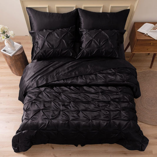 MR&HM Satin Comforter California King 7 Pieces Black - Luxurious Pinch Pleat Bedding Set with Comforter, Flat Sheet, Fitted Sheet, Pillowcases & Shams, Super Silky Soft Bed Set for All Season - Back of the warehouse