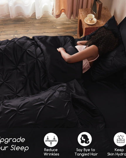 MR&HM Satin Comforter California King 7 Pieces Black - Luxurious Pinch Pleat Bedding Set with Comforter, Flat Sheet, Fitted Sheet, Pillowcases & Shams, Super Silky Soft Bed Set for All Season - Back of the warehouse